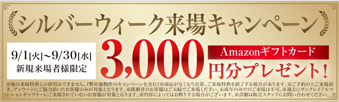 新規来場キャンペーン 9/1[火]〜9/30[水] 新規来場者様限定 3,000円分プレゼント！ Amazonギフトカード ※他の来場特典との併用はできません。（弊社他物件のキャンペーンを含む）※商品がなくなり次第、ご来場特典を終了する場合があります。※ご来場頂き、アンケートにご協力頂いたお客様のみが対象となります。※既婚者のお客様はご夫婦でご来場ください。未成年のみでのご来場は不可。※過去にサンクレイドルマンションギャラリーにご来場されていないお客様が対象となります。※内容によってはお断りする場合がございます。※詳細は販売スタッフにお問い合わせください。